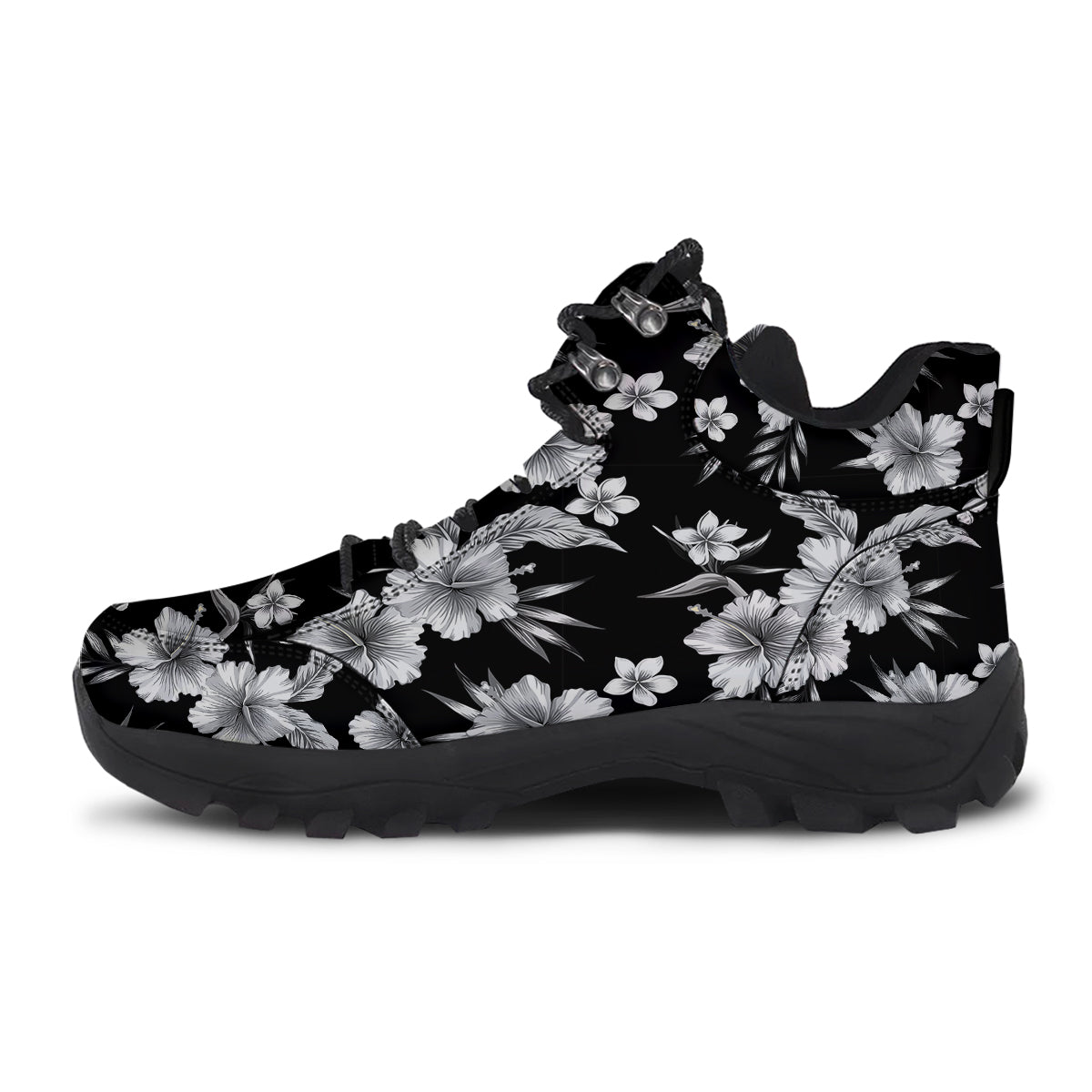Frangipani White And Black Print Pattern Hiking Shoes-grizzshop