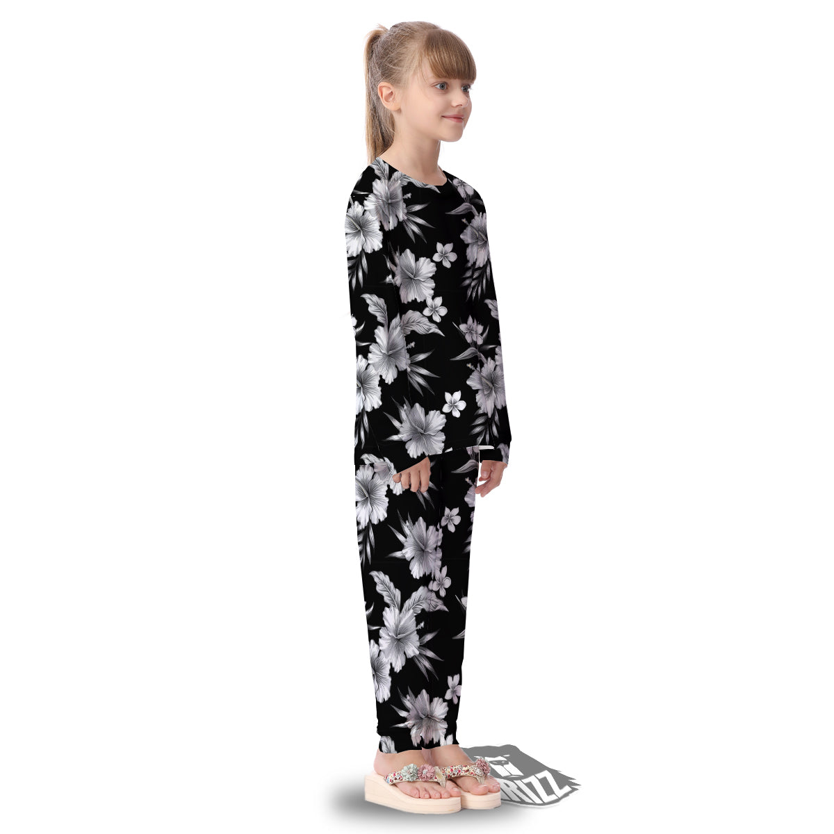 Frangipani White And Black Print Pattern Kid's Pajamas-grizzshop