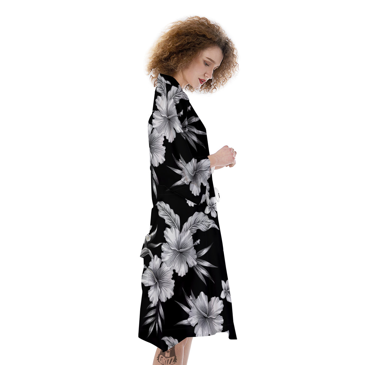 Frangipani White And Black Print Pattern Kimono-grizzshop