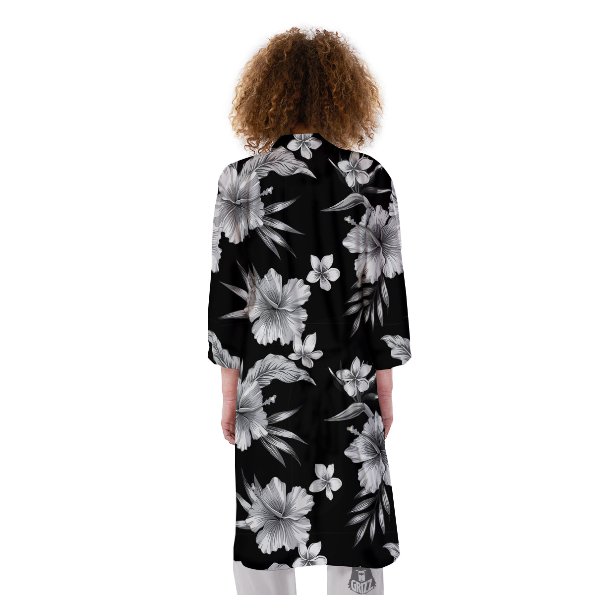 Frangipani White And Black Print Pattern Kimono-grizzshop