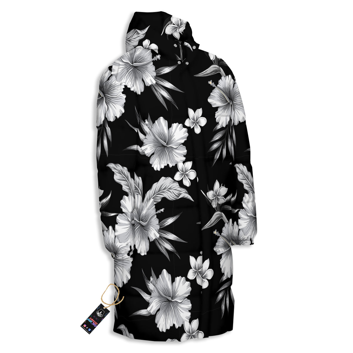 Frangipani White And Black Print Pattern Long Down Jacket-grizzshop