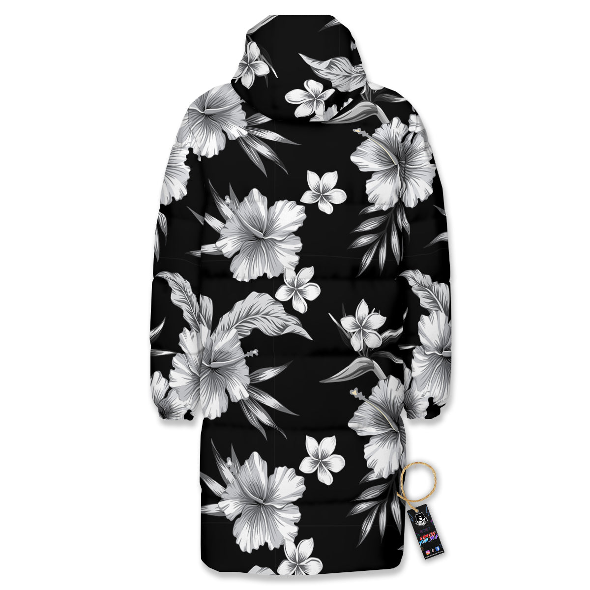 Frangipani White And Black Print Pattern Long Down Jacket-grizzshop