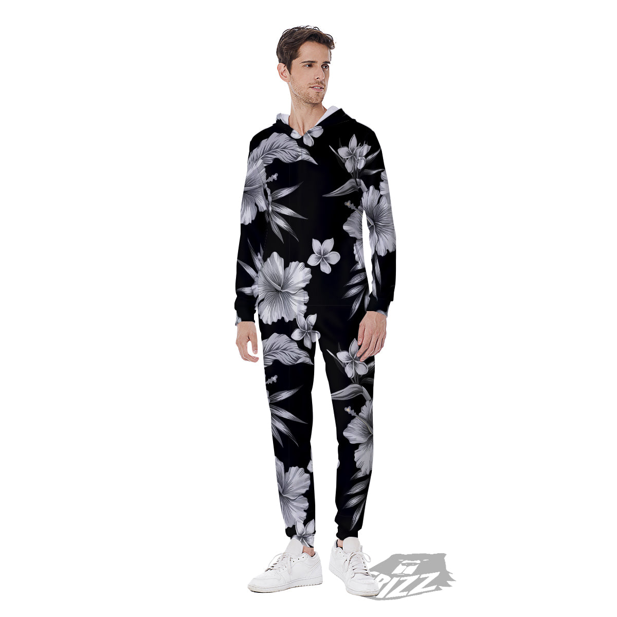 Frangipani White And Black Print Pattern Men's Jumpsuit-grizzshop
