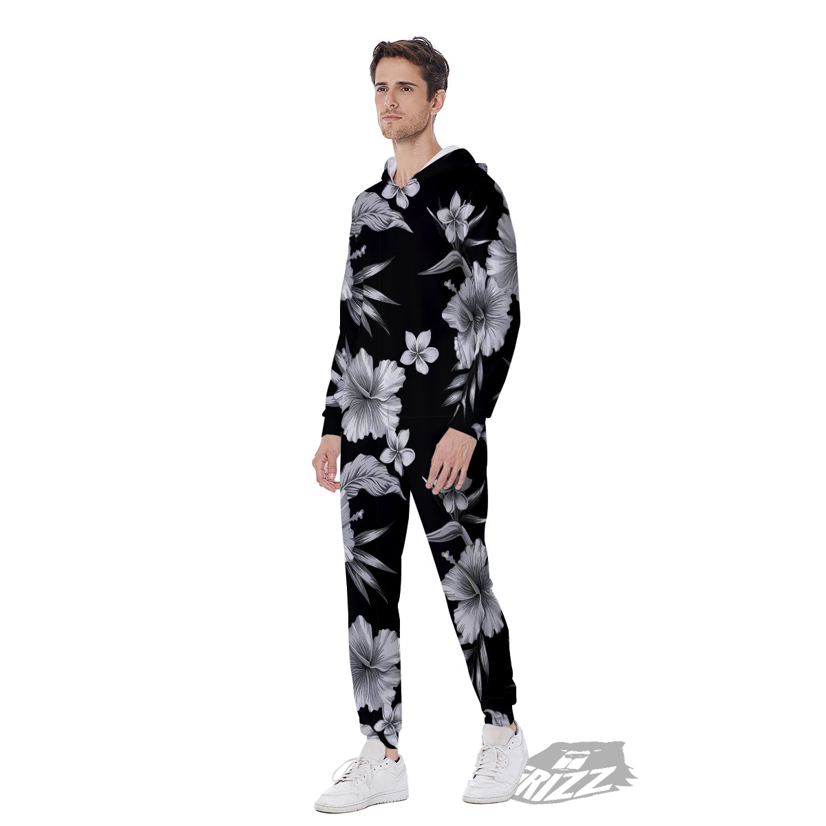 Frangipani White And Black Print Pattern Men's Jumpsuit-grizzshop