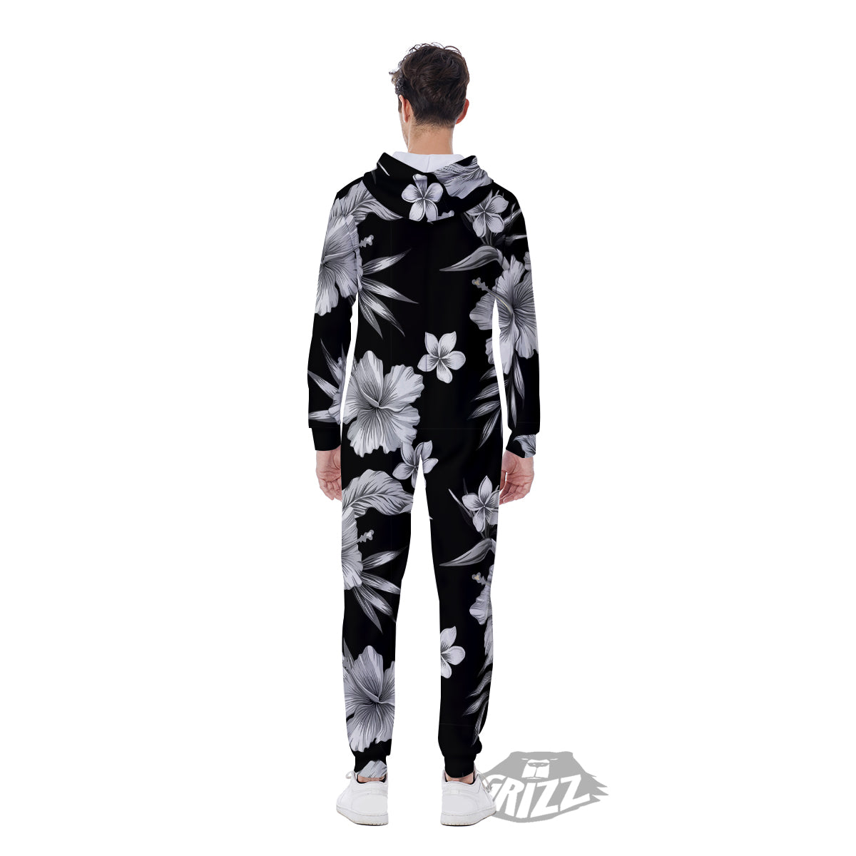 Frangipani White And Black Print Pattern Men's Jumpsuit-grizzshop
