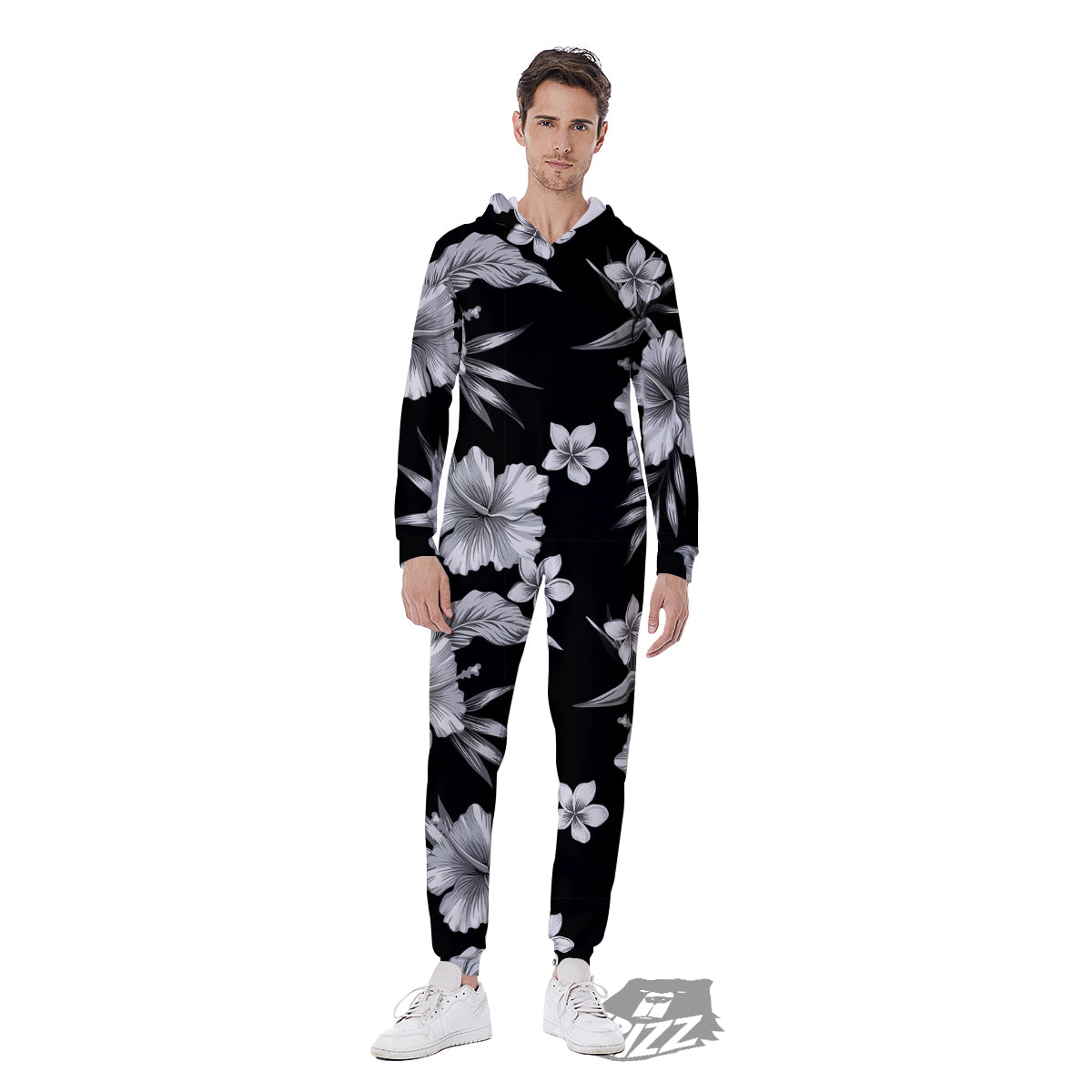 Frangipani White And Black Print Pattern Men's Jumpsuit-grizzshop