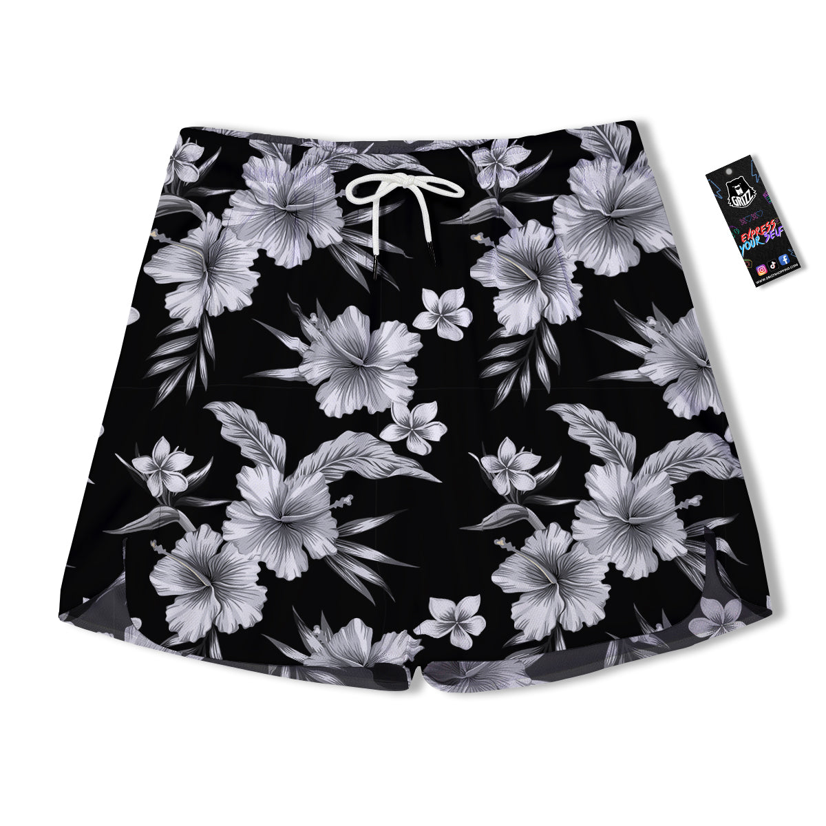 Frangipani White And Black Print Pattern Men's Running Shorts-grizzshop