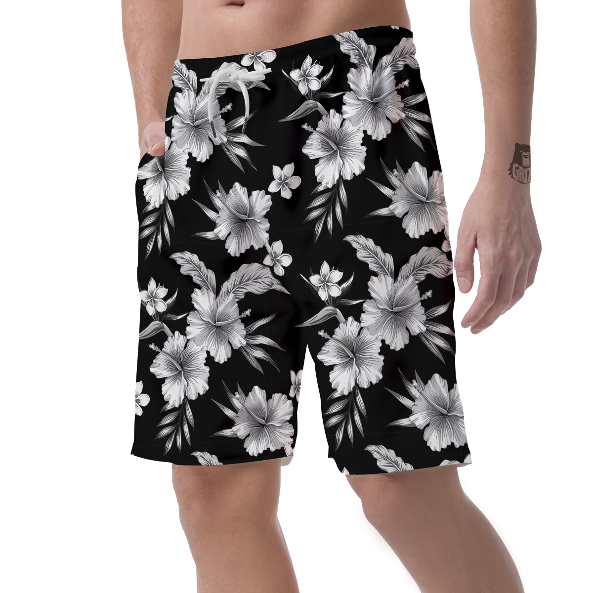 Frangipani White And Black Print Pattern Men's Shorts-grizzshop