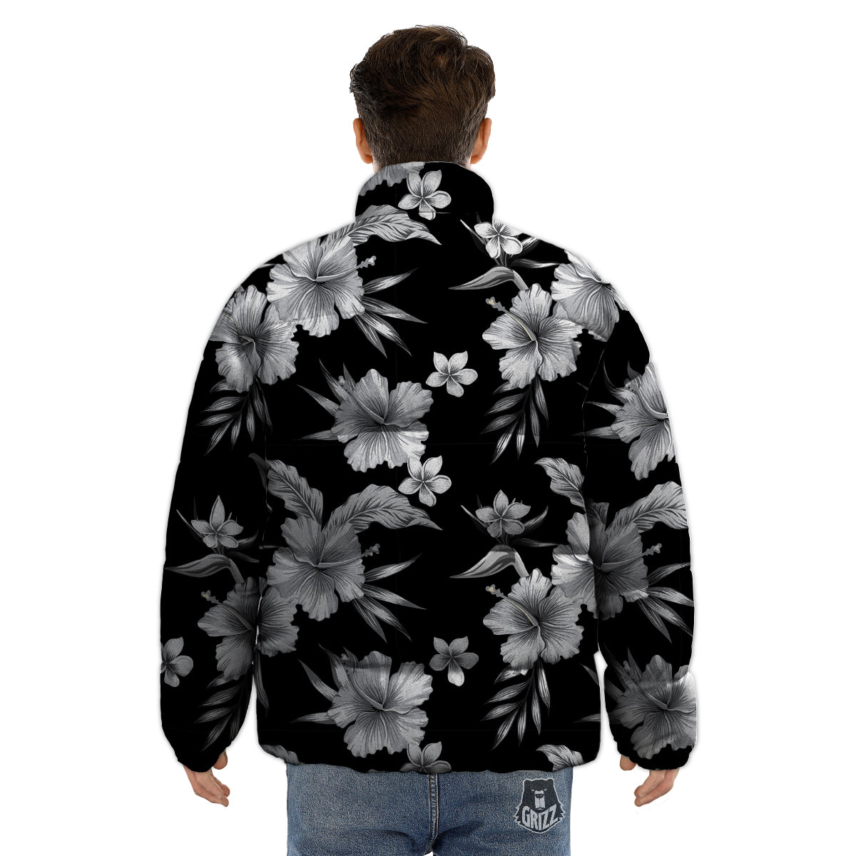 Frangipani White And Black Print Pattern Puffer Jacket-grizzshop