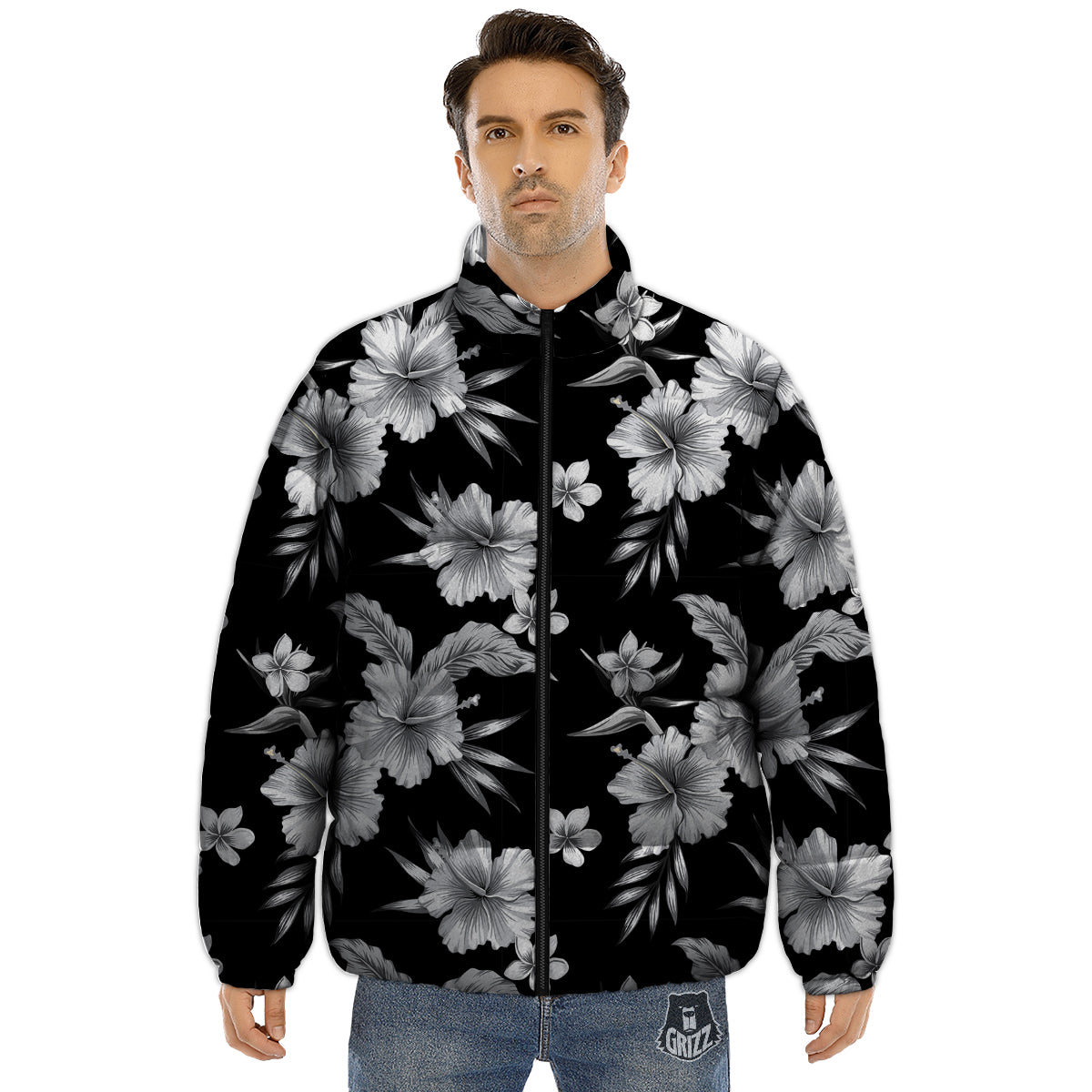 Frangipani White And Black Print Pattern Puffer Jacket-grizzshop