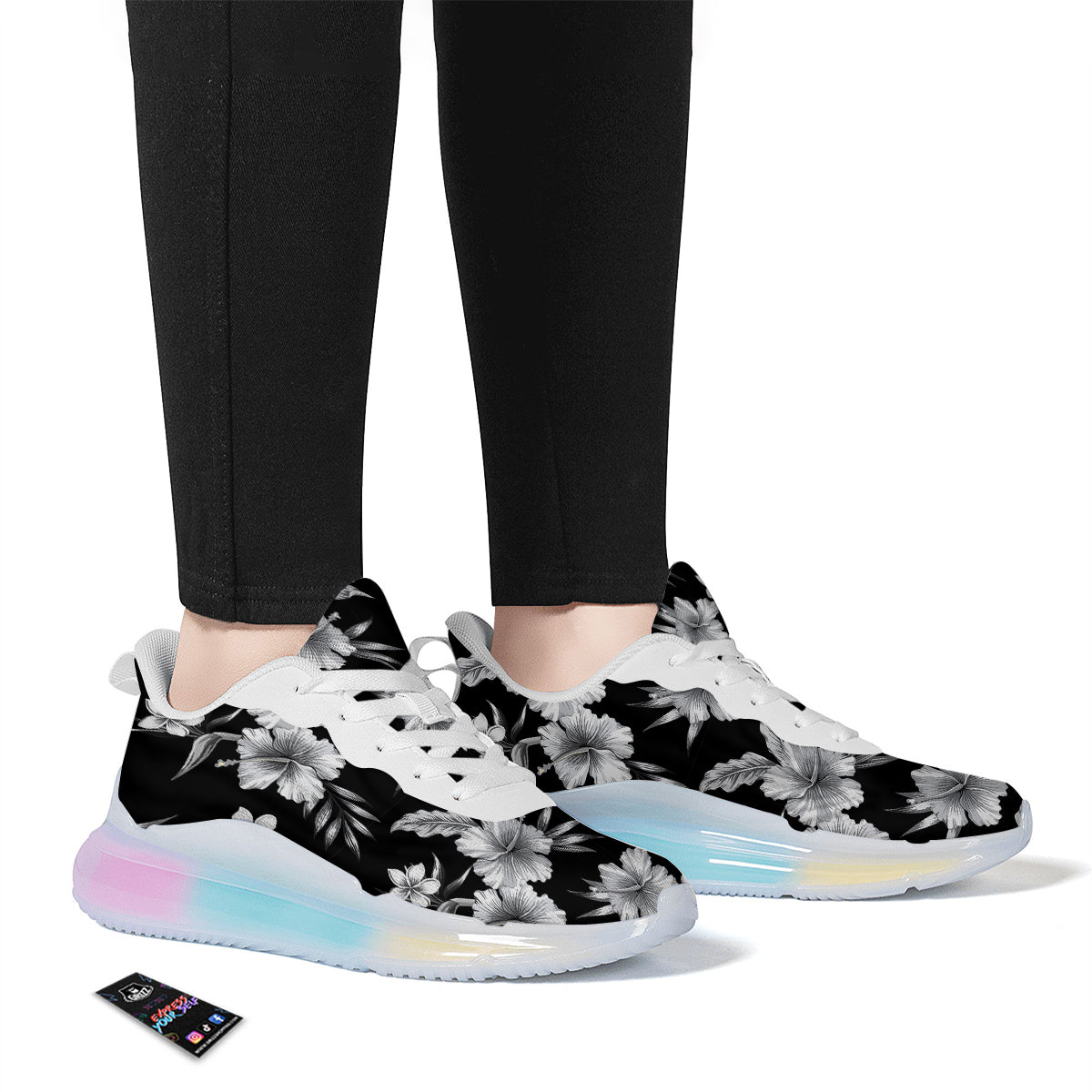 Frangipani White And Black Print Pattern Running Sneakers-grizzshop