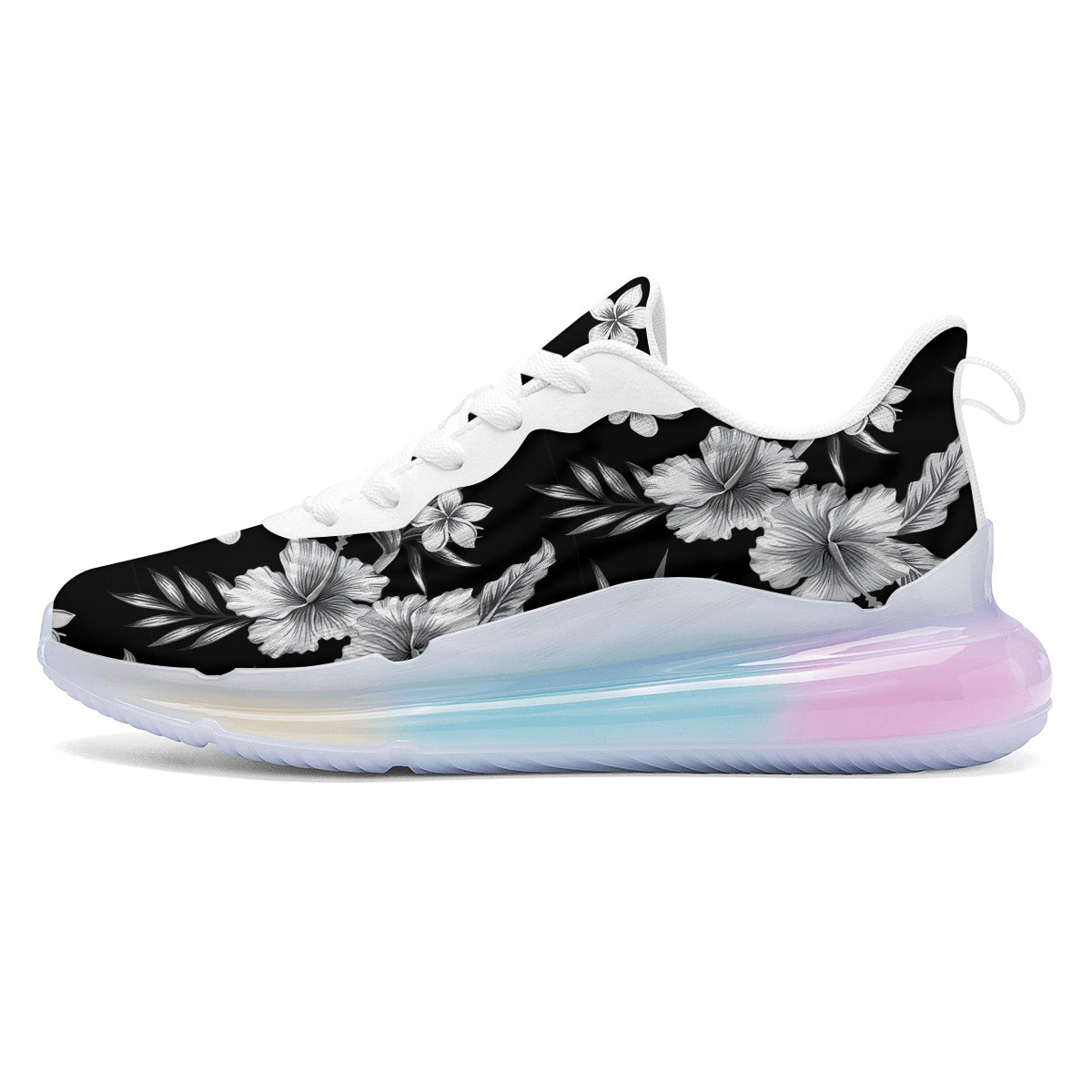 Frangipani White And Black Print Pattern Running Sneakers-grizzshop