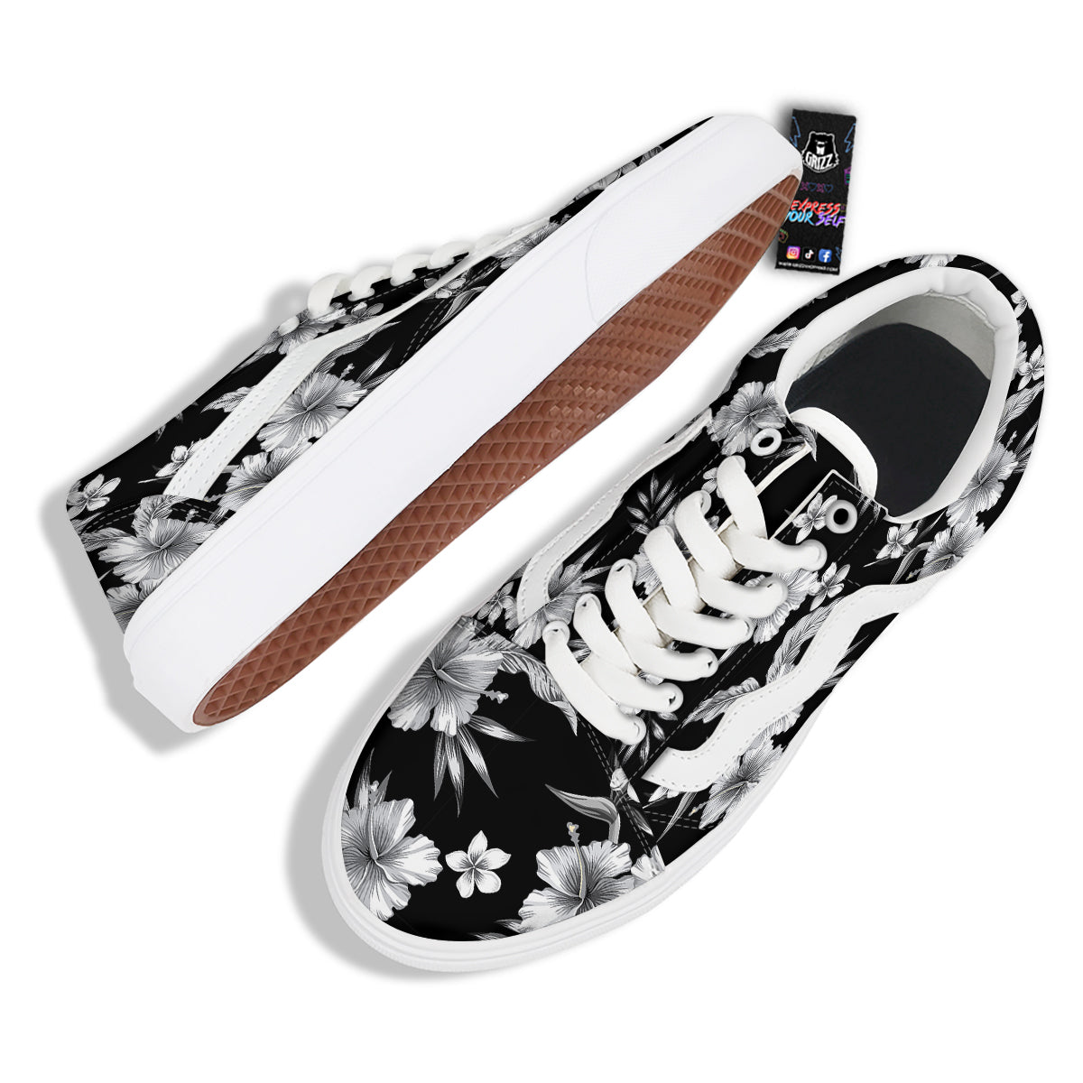 Frangipani White And Black Print Pattern Skate Shoes-grizzshop