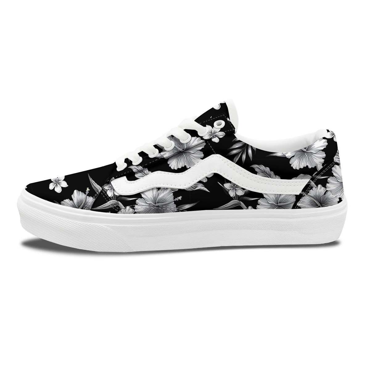 Frangipani White And Black Print Pattern Skate Shoes-grizzshop