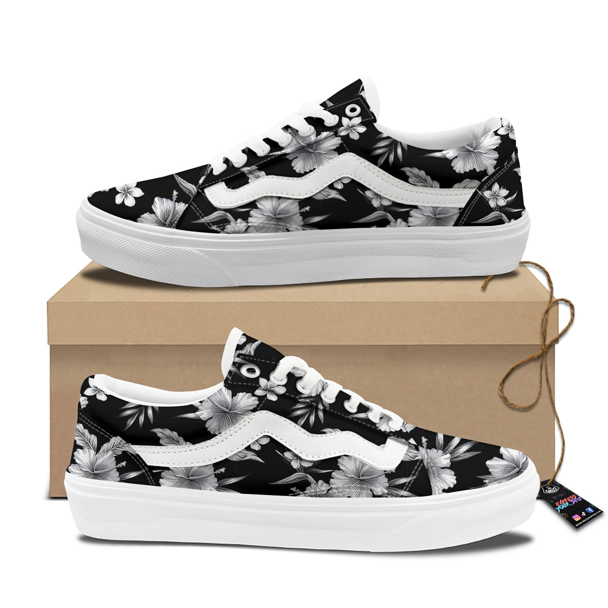 Frangipani White And Black Print Pattern Skate Shoes-grizzshop