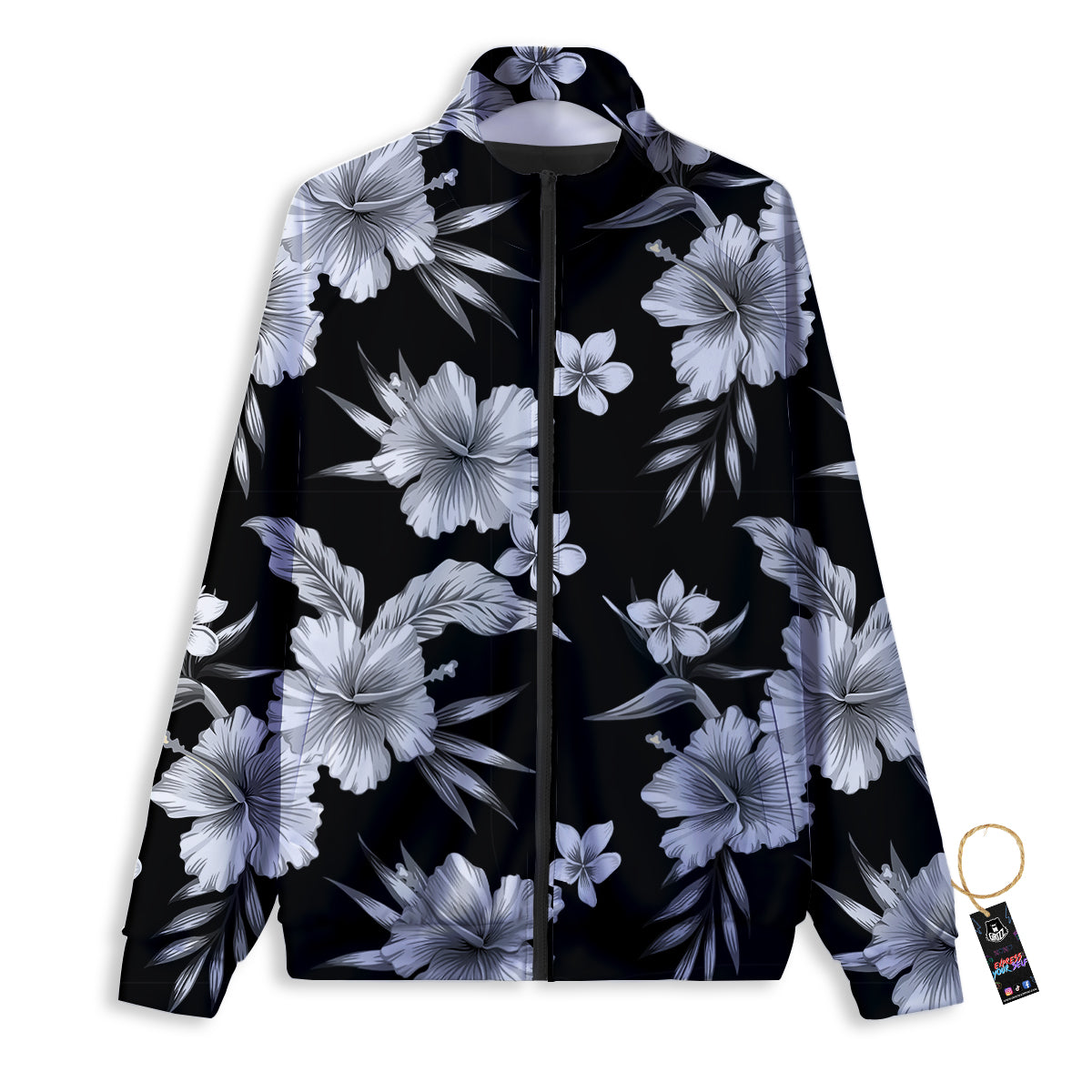 Frangipani White And Black Print Pattern Track Jacket-grizzshop