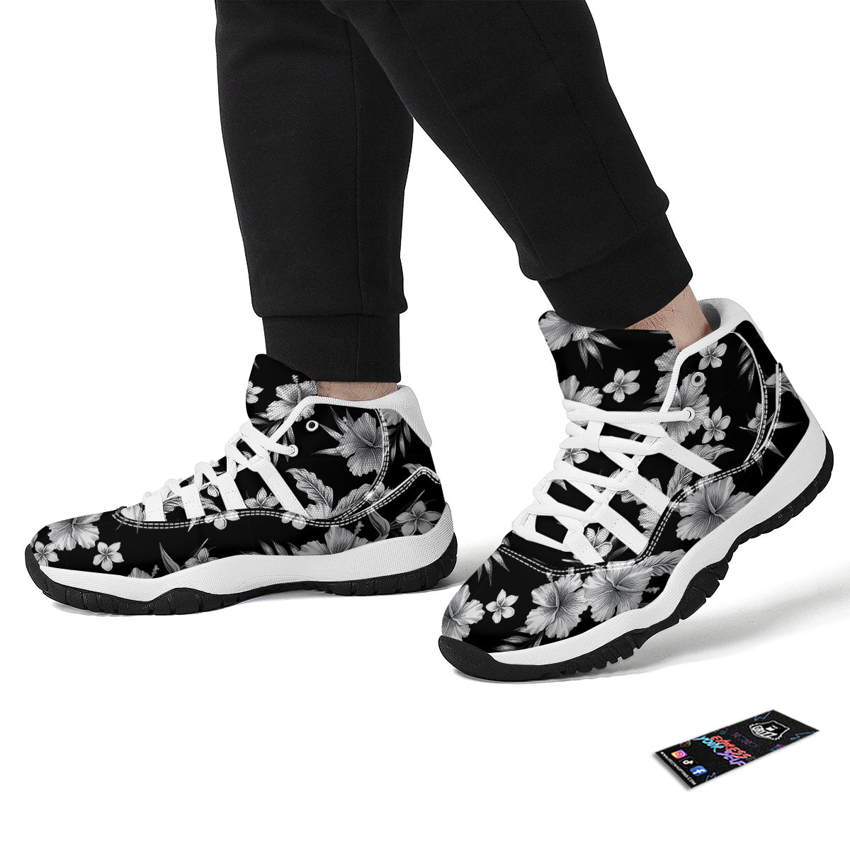 Frangipani White And Black Print Pattern White Bball Shoes-grizzshop