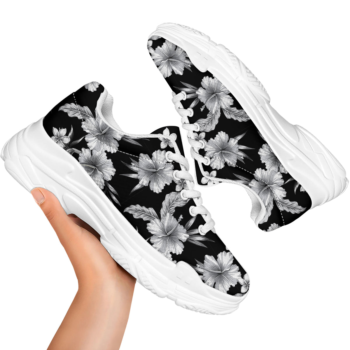 Frangipani White And Black Print Pattern White Chunky Shoes-grizzshop