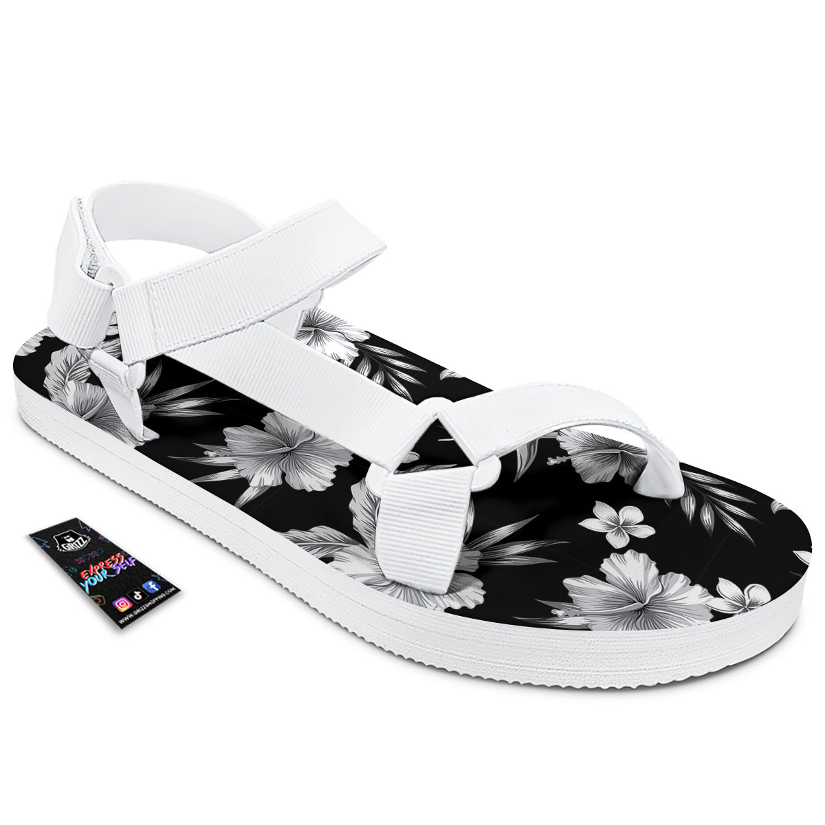 Frangipani White And Black Print Pattern White Open Toe Sandals-grizzshop