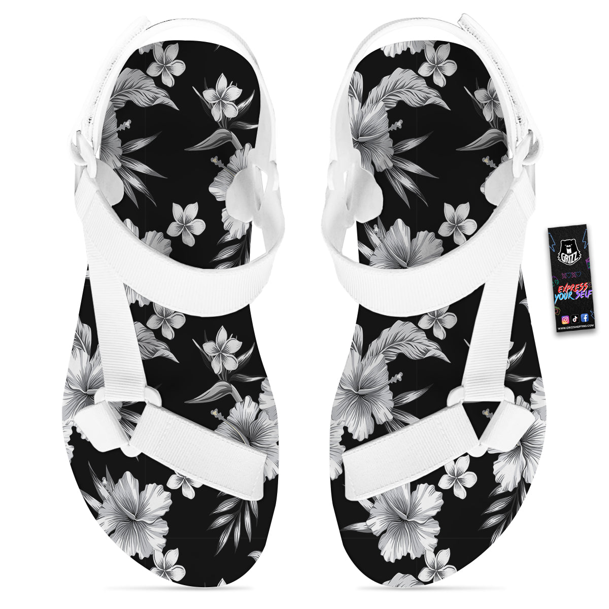 Frangipani White And Black Print Pattern White Open Toe Sandals-grizzshop