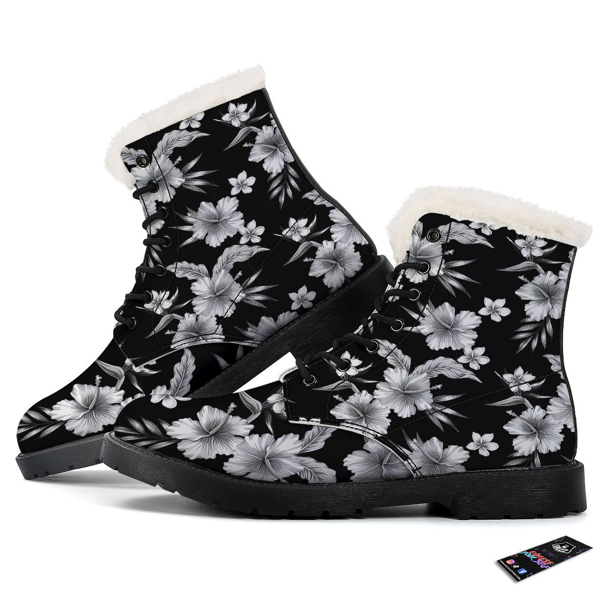 Frangipani White And Black Print Pattern Winter Boots-grizzshop