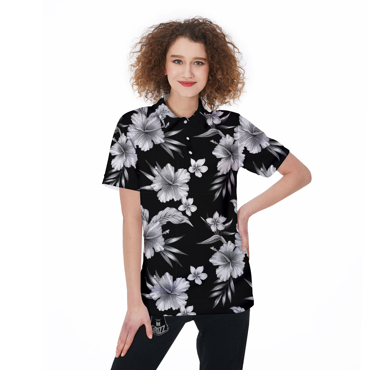 Frangipani White And Black Print Pattern Women's Golf Shirts-grizzshop