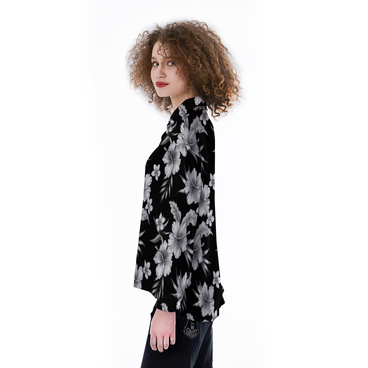 Frangipani White And Black Print Pattern Women's Long Sleeve Shirts-grizzshop
