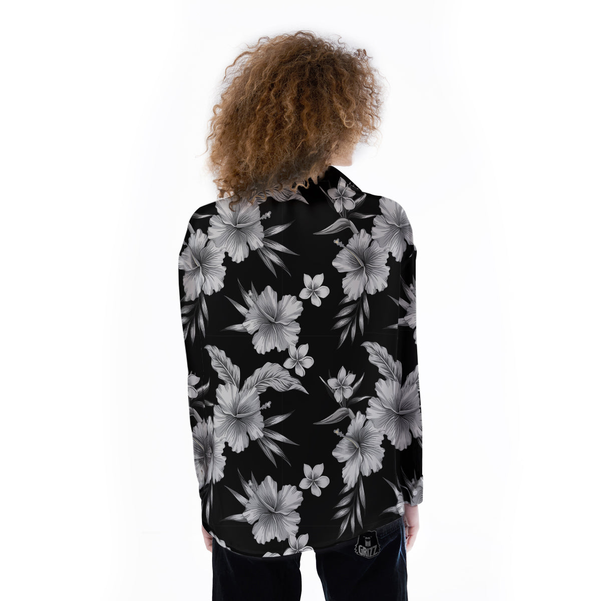 Frangipani White And Black Print Pattern Women's Long Sleeve Shirts-grizzshop