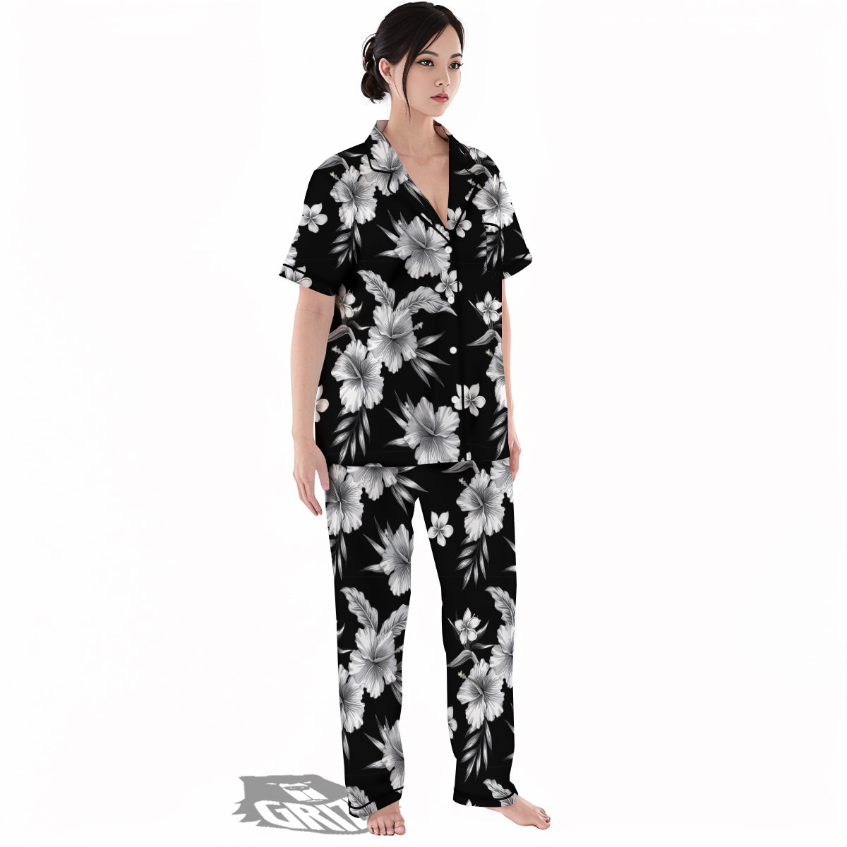 Frangipani White And Black Print Pattern Women's Pajamas Set-grizzshop