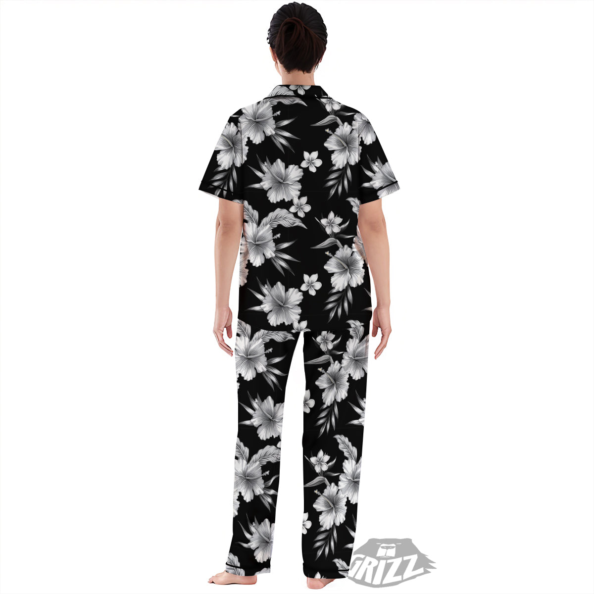 Frangipani White And Black Print Pattern Women's Pajamas Set-grizzshop