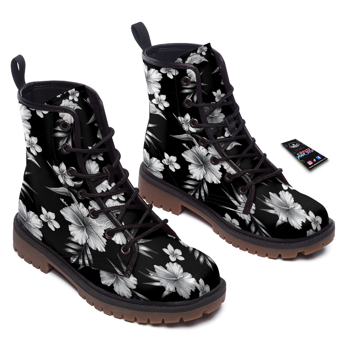 Frangipani White And Black Print Pattern Work Boots-grizzshop