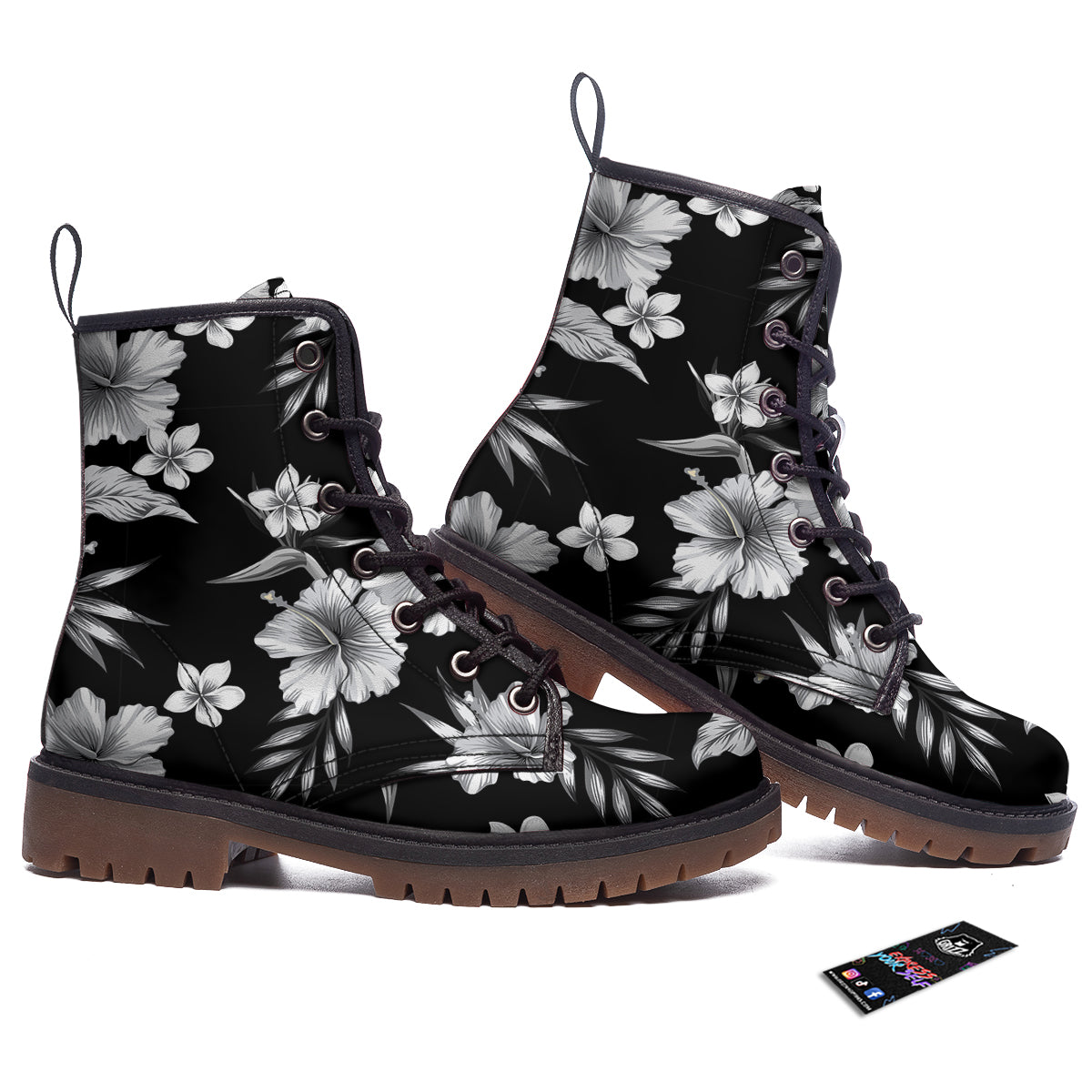 Frangipani White And Black Print Pattern Work Boots-grizzshop