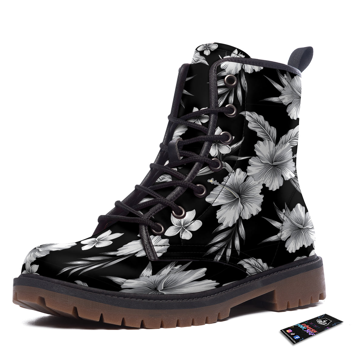Frangipani White And Black Print Pattern Work Boots-grizzshop