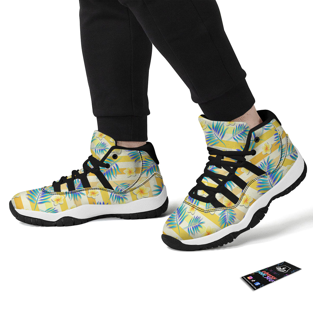 Frangipani Yellow Print Pattern Black Bball Shoes-grizzshop