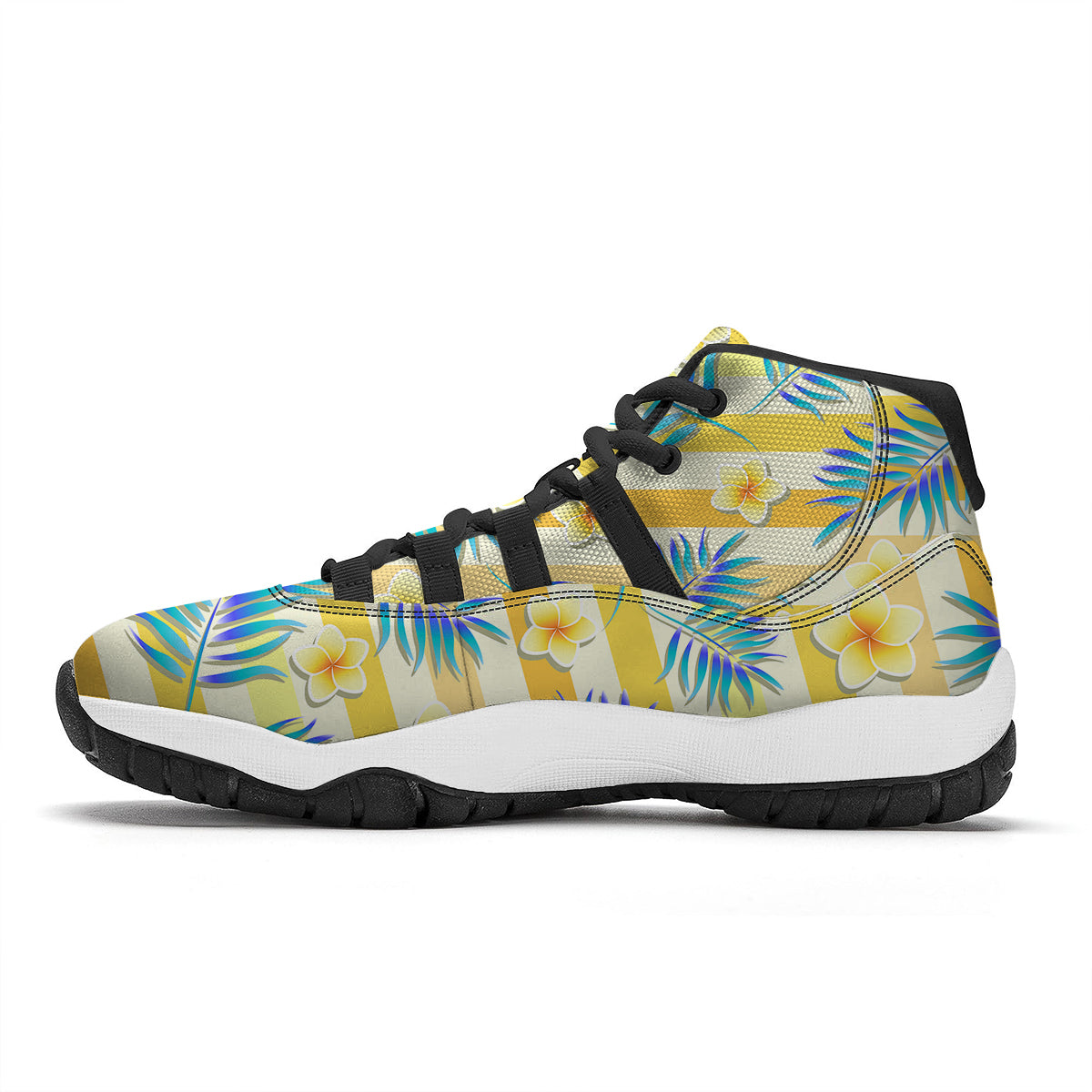 Frangipani Yellow Print Pattern Black Bball Shoes-grizzshop