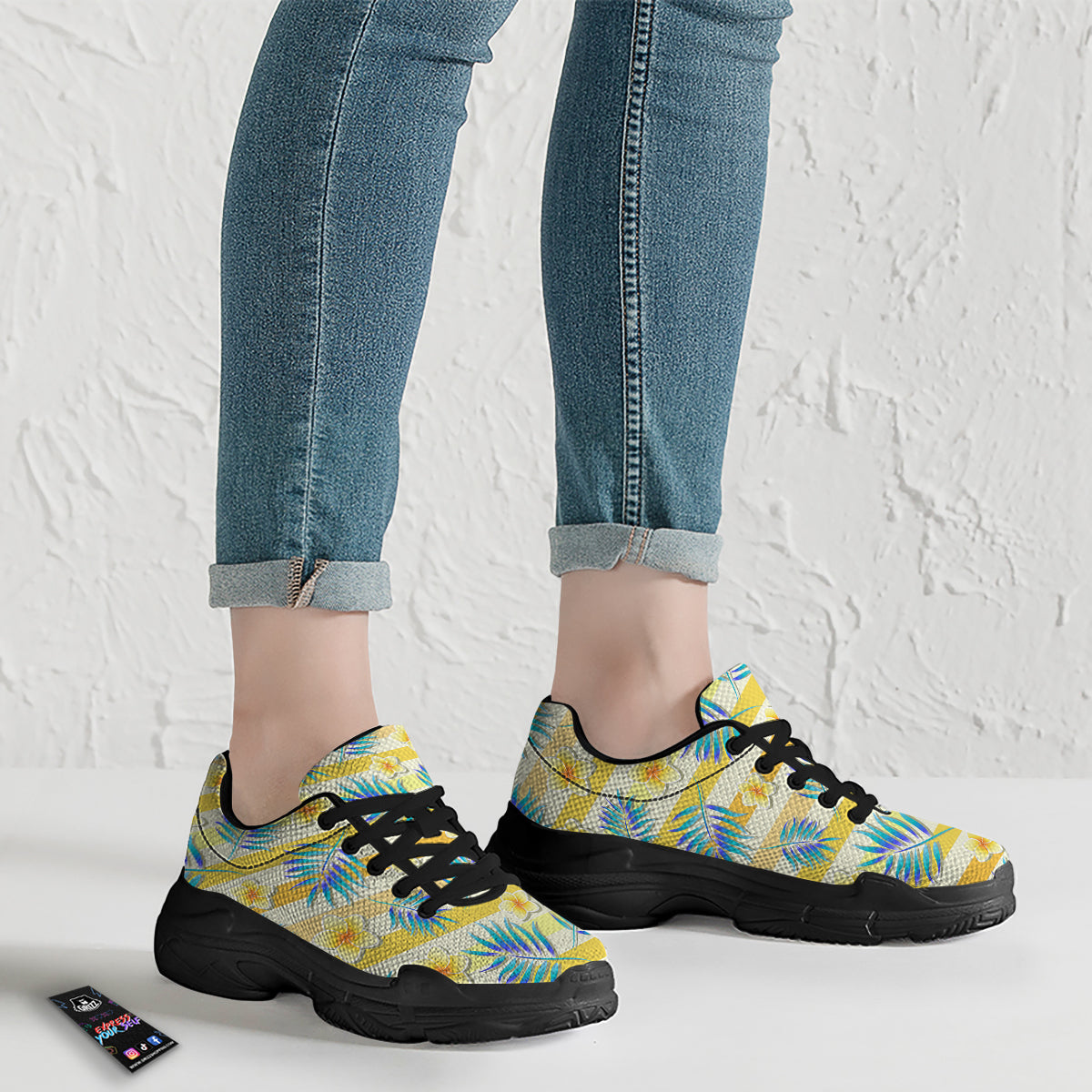 Frangipani Yellow Print Pattern Black Chunky Shoes-grizzshop
