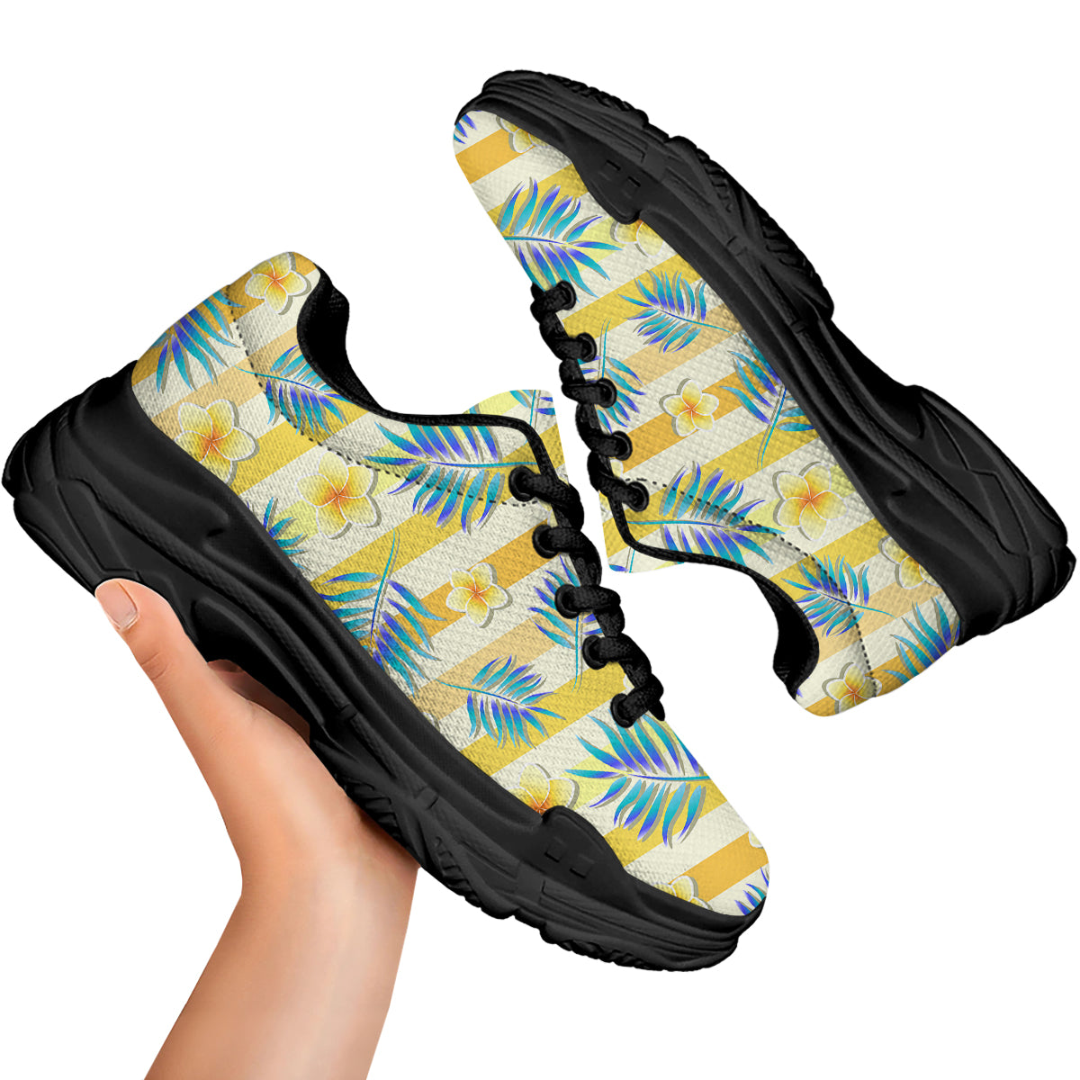 Frangipani Yellow Print Pattern Black Chunky Shoes-grizzshop