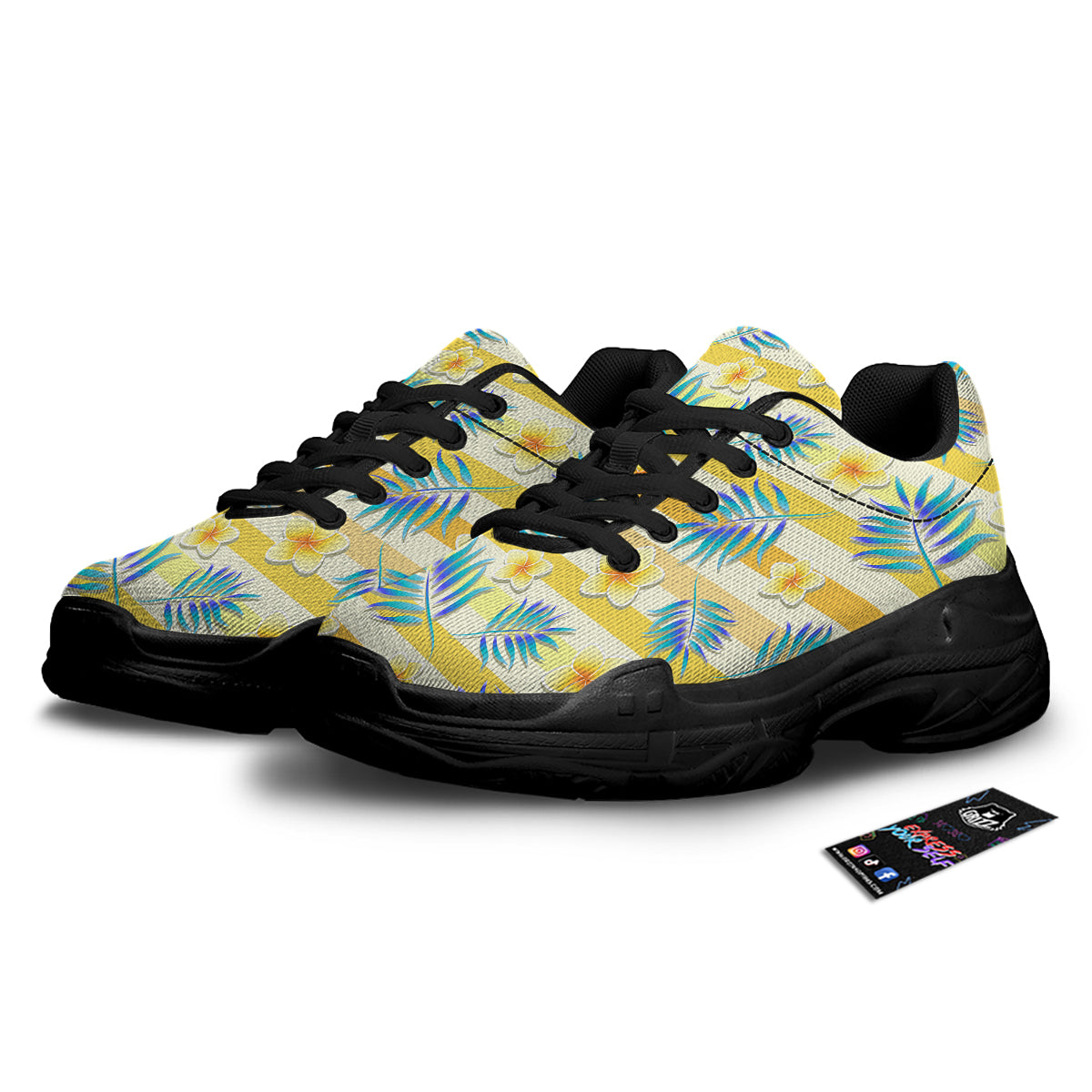 Frangipani Yellow Print Pattern Black Chunky Shoes-grizzshop