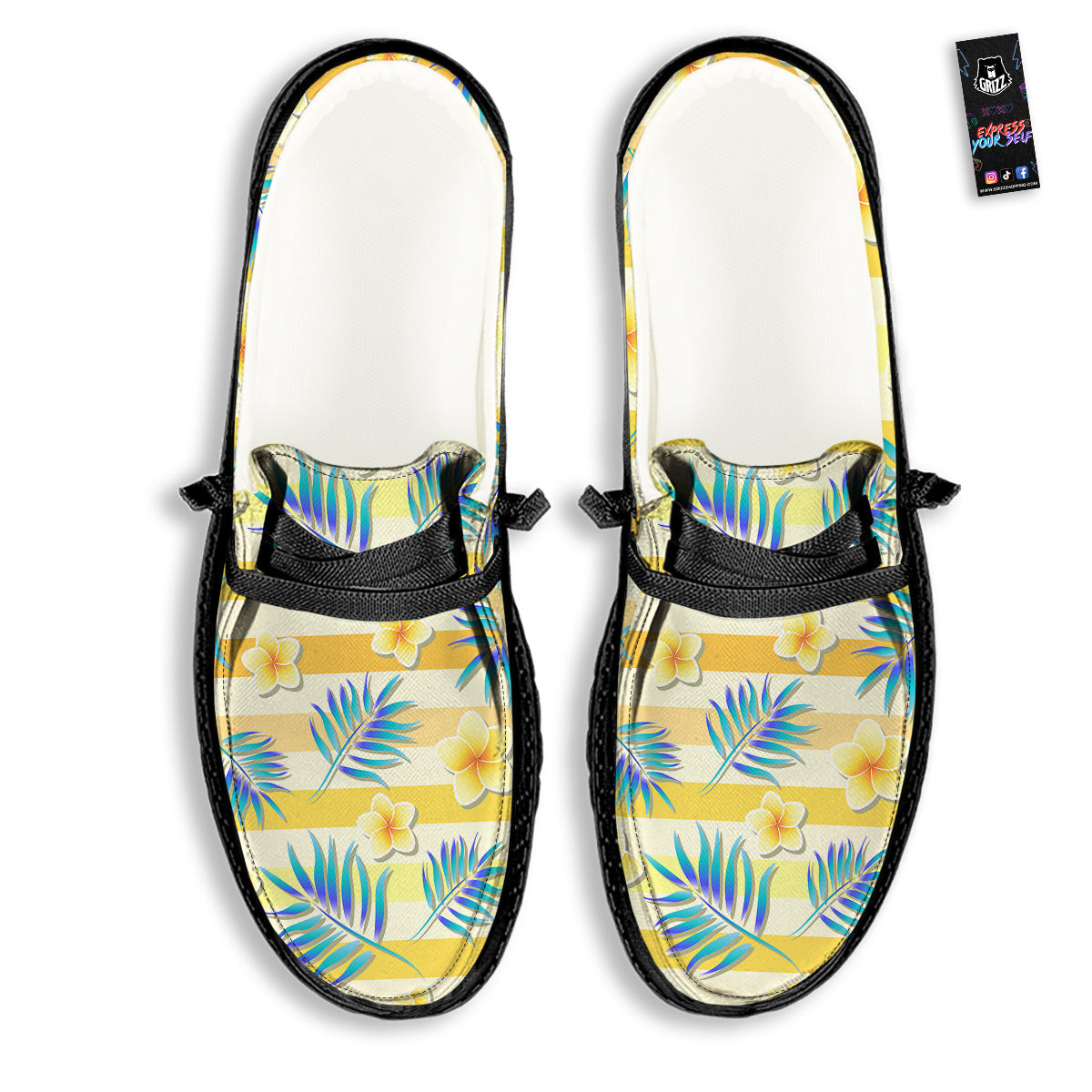 Frangipani Yellow Print Pattern Black Loafers-grizzshop