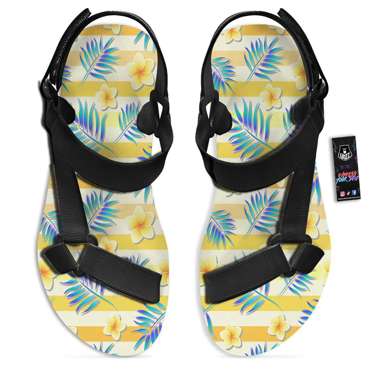 Frangipani Yellow Print Pattern Black Open Toe Sandals-grizzshop