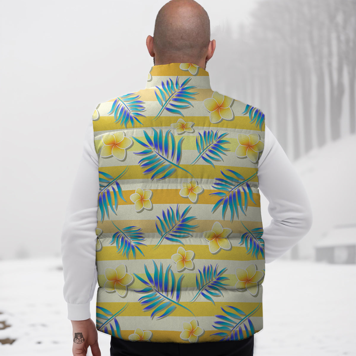 Frangipani Yellow Print Pattern Down Vest-grizzshop
