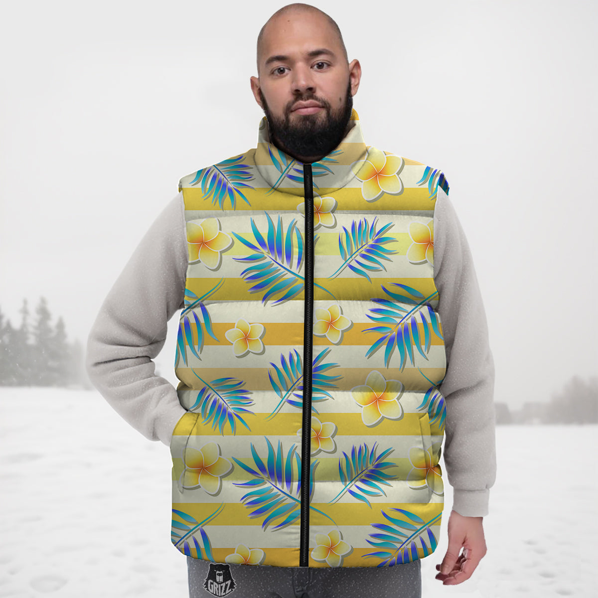 Frangipani Yellow Print Pattern Down Vest-grizzshop