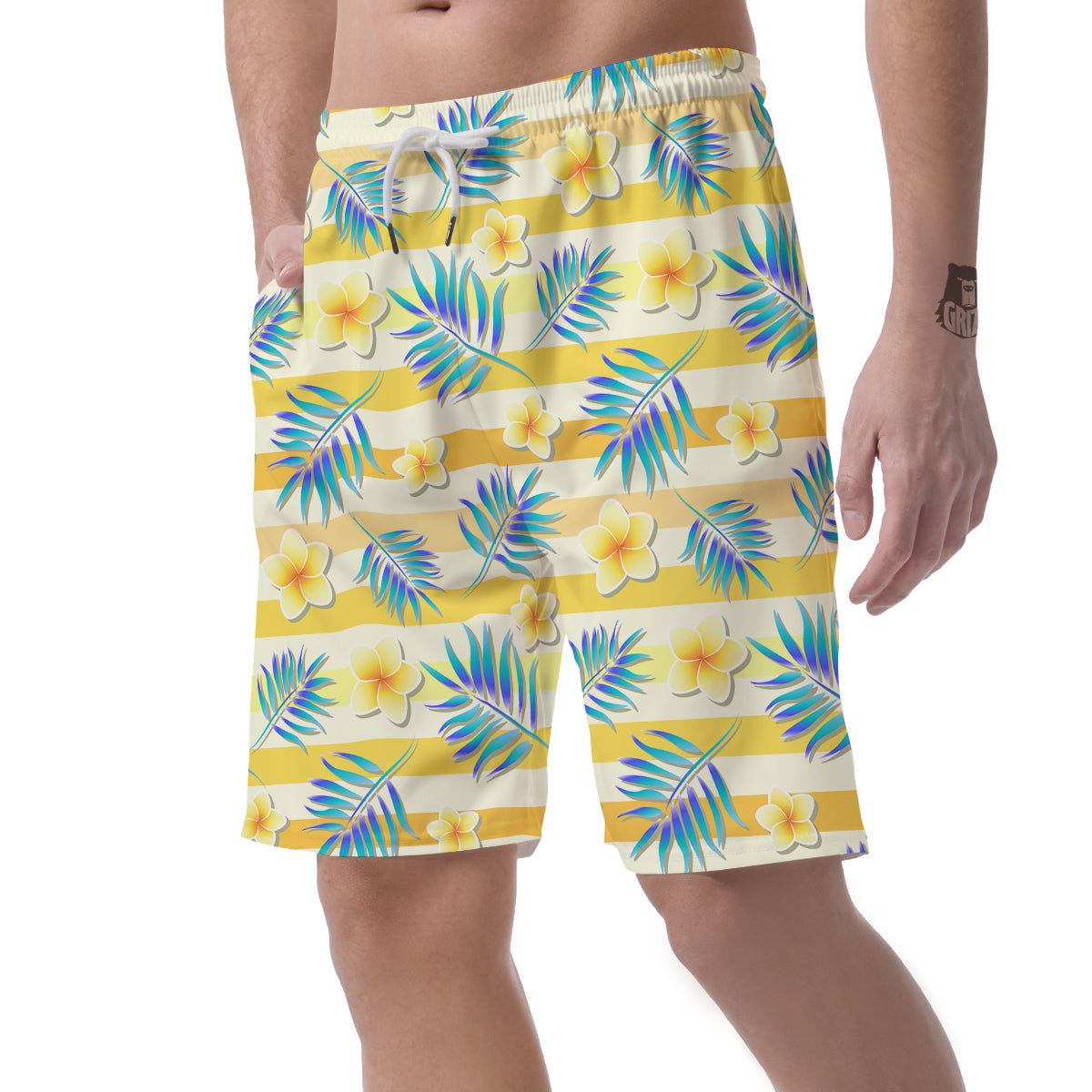 Frangipani Yellow Print Pattern Men's Shorts-grizzshop
