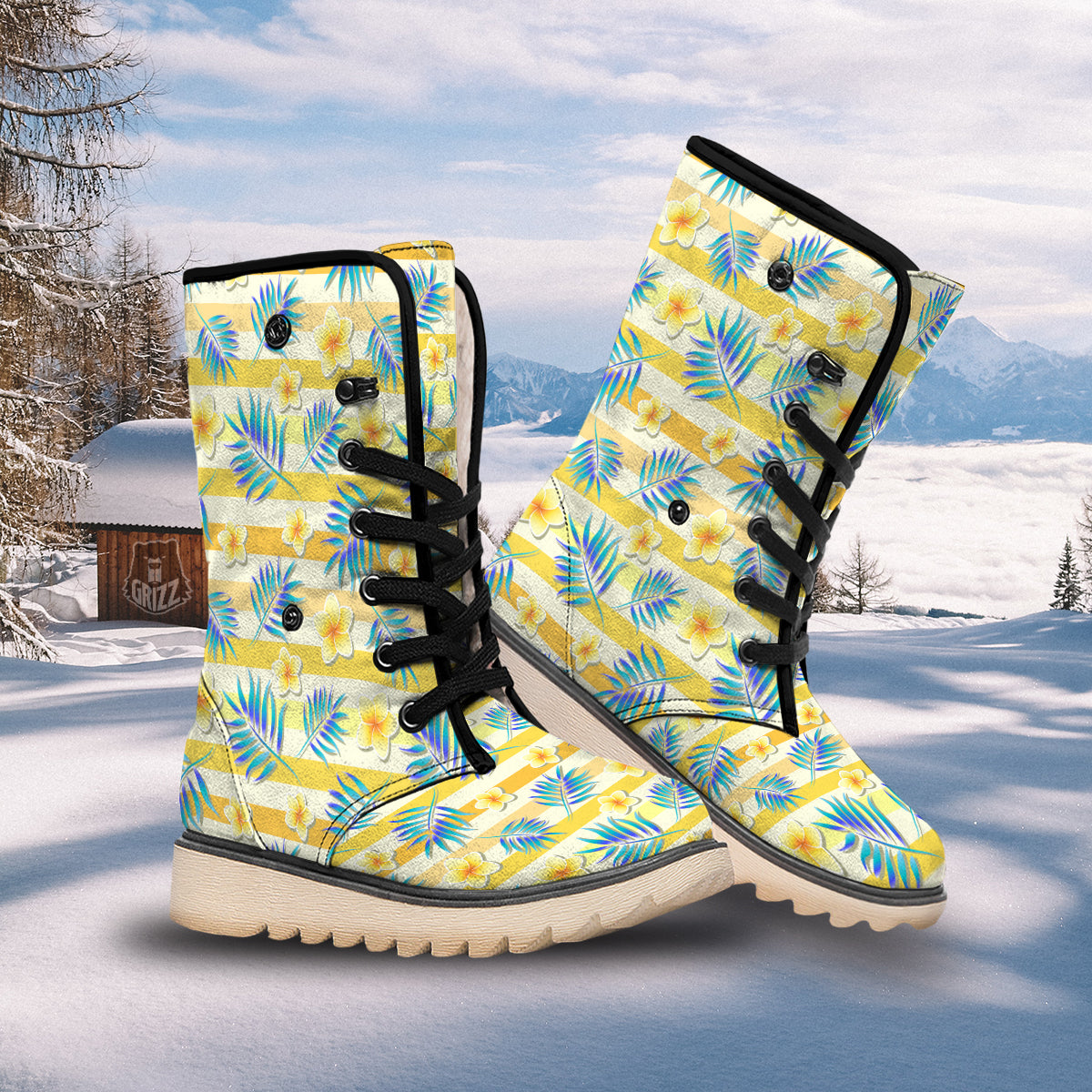 Frangipani Yellow Print Pattern Snow Boots-grizzshop