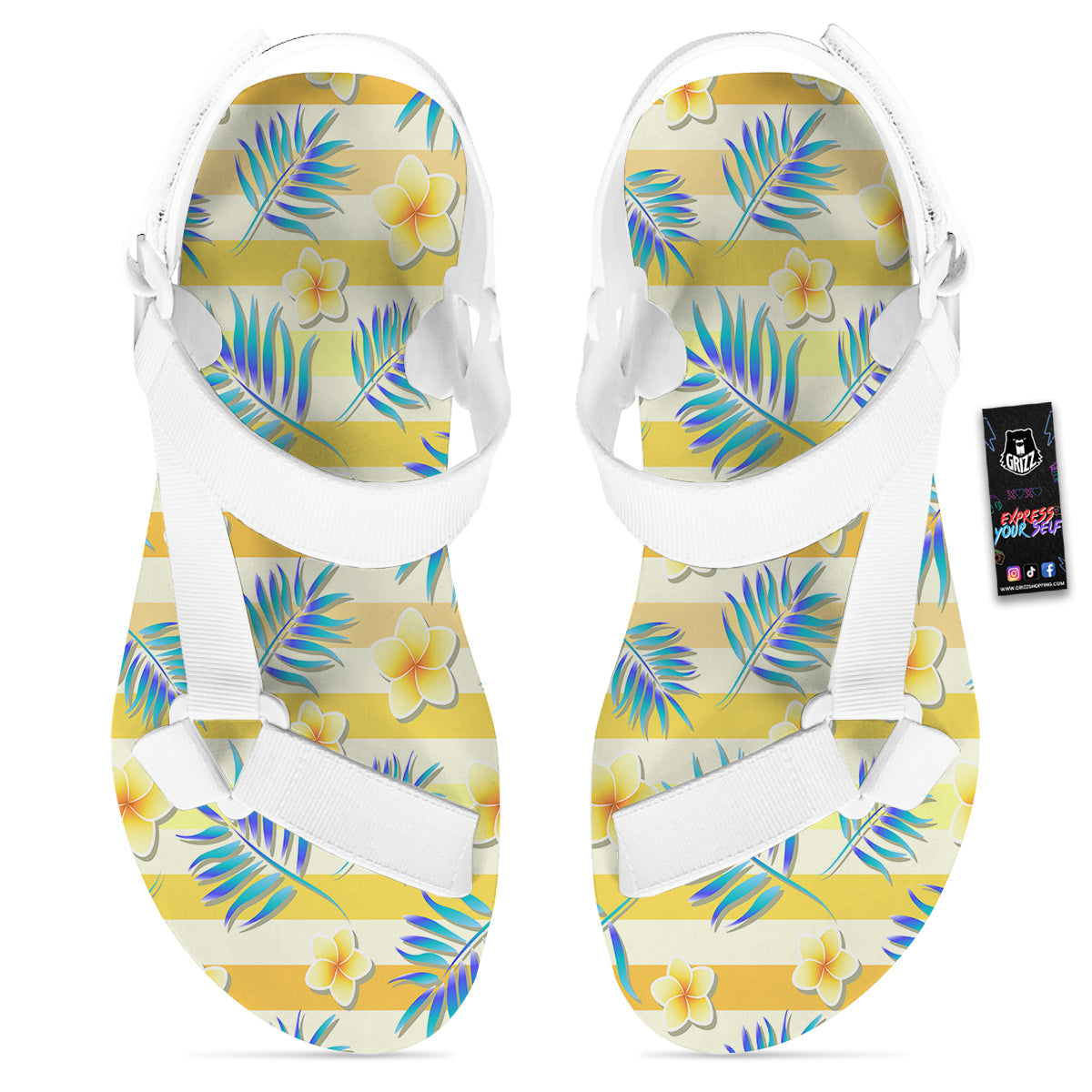 Frangipani Yellow Print Pattern White Open Toe Sandals-grizzshop