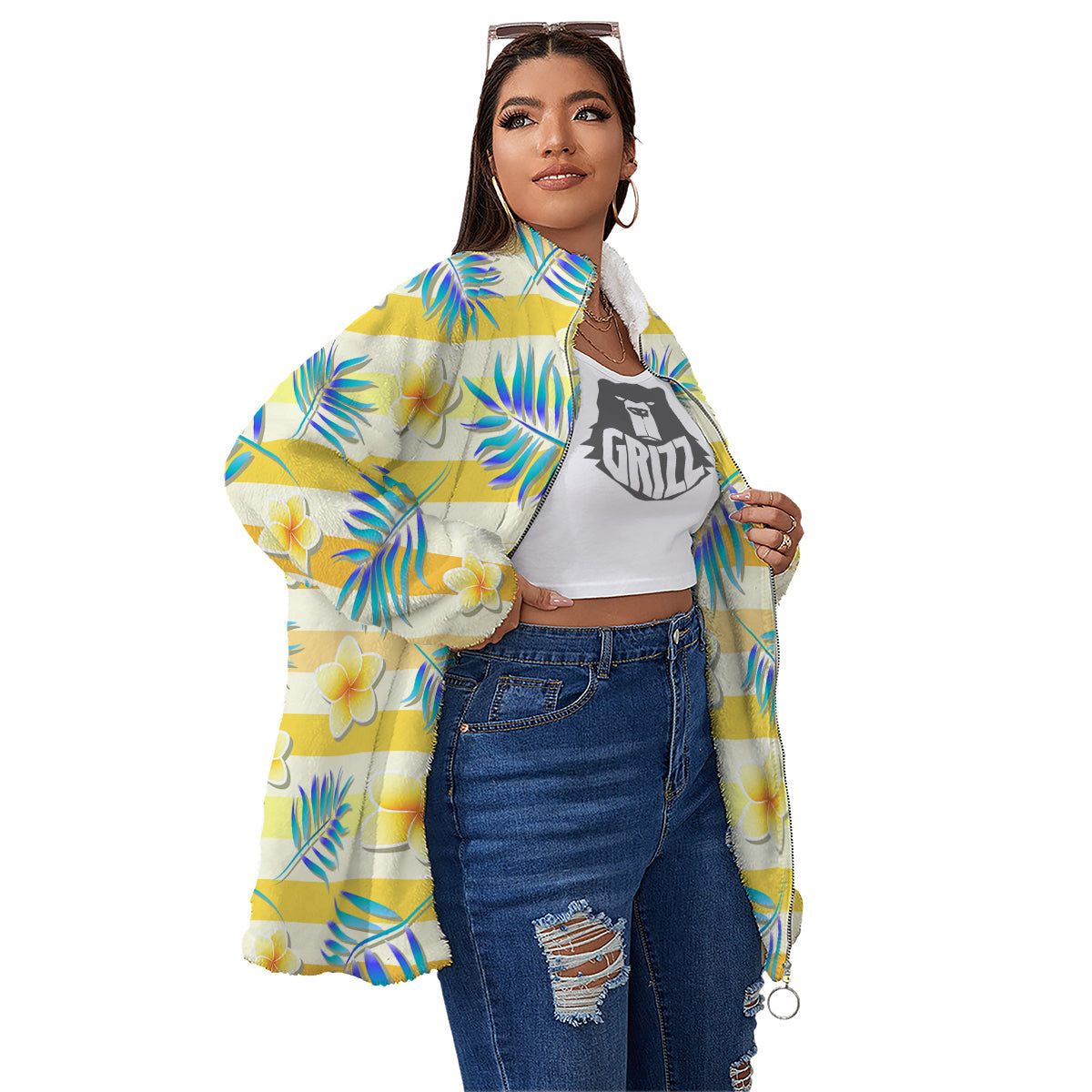 Frangipani Yellow Print Pattern Women's Sherpa Jacket-grizzshop