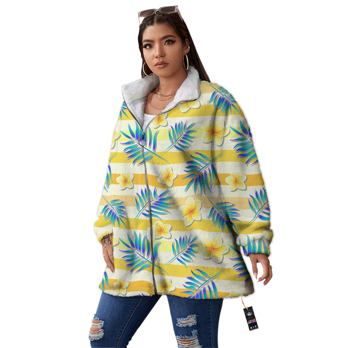 Frangipani Yellow Print Pattern Women's Sherpa Jacket-grizzshop