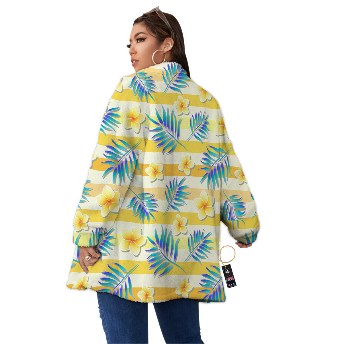 Frangipani Yellow Print Pattern Women's Sherpa Jacket-grizzshop