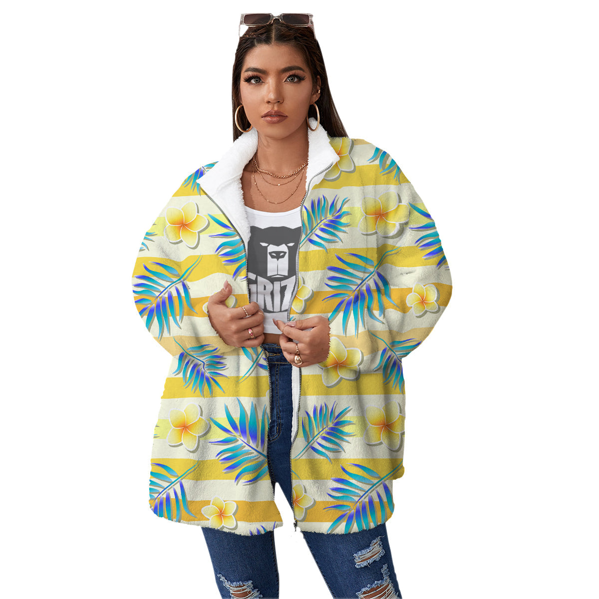 Frangipani Yellow Print Pattern Women's Sherpa Jacket-grizzshop