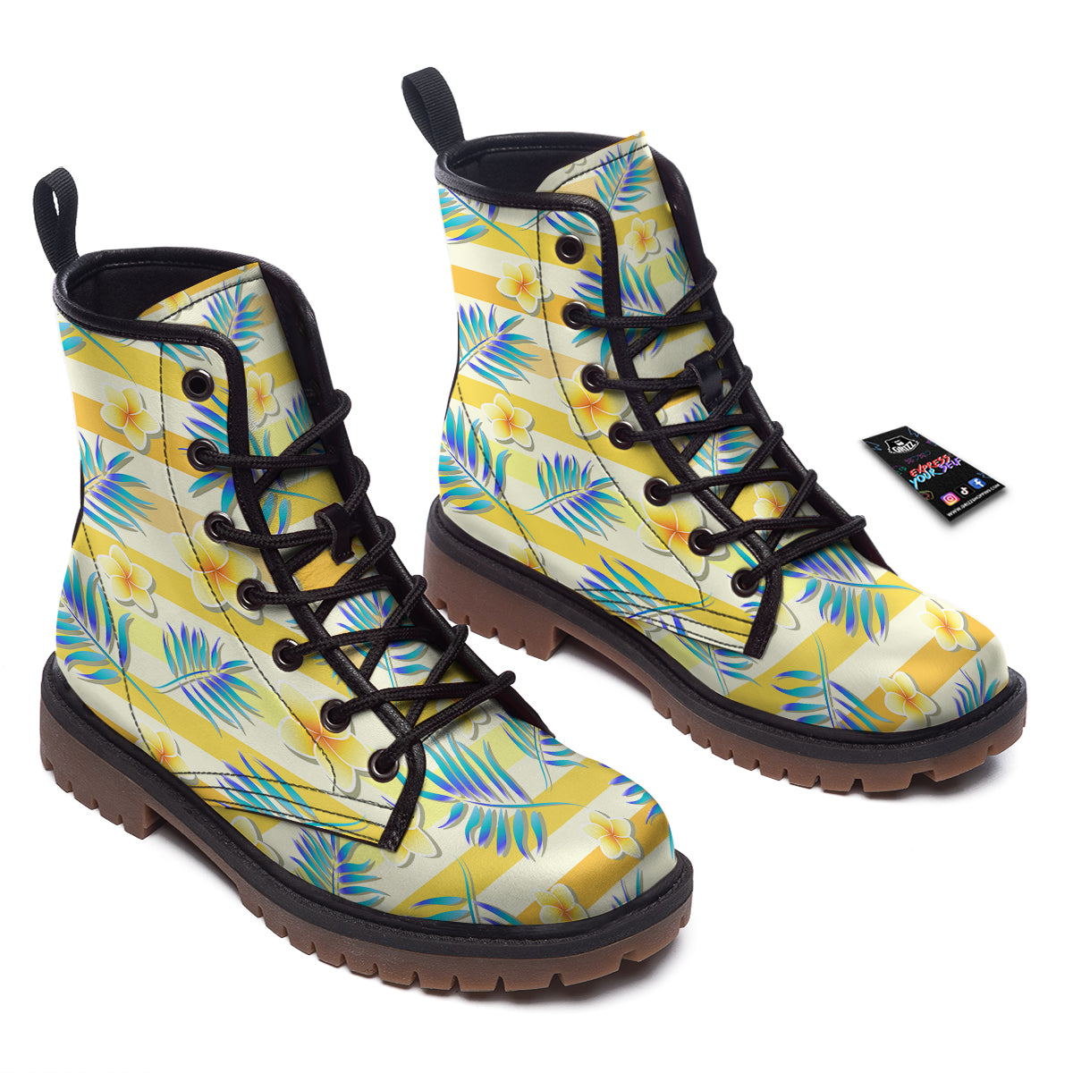 Frangipani Yellow Print Pattern Work Boots-grizzshop